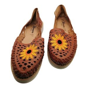 Huarache Mezquite Mexican Sandals Embroidered Sunflower Leather Handmade Women 9